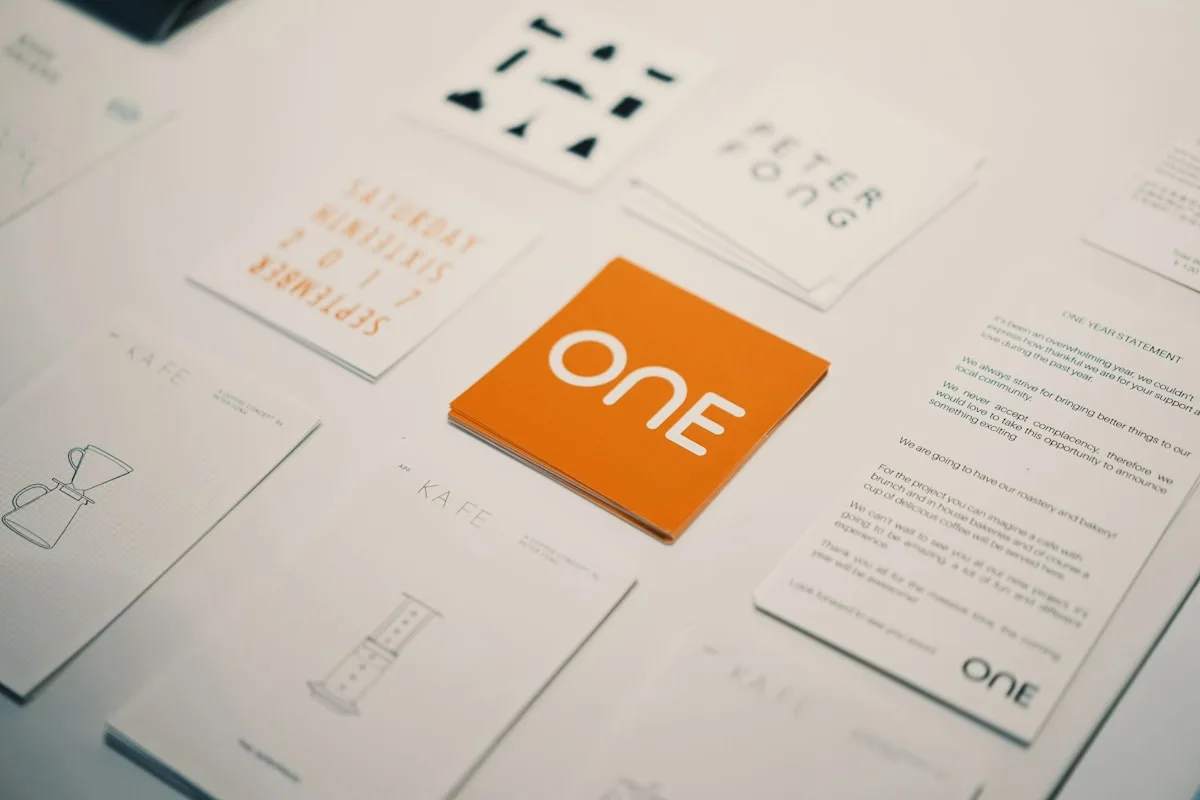 Brand identity design materials with colour swatches, typography specimens and visual identity references